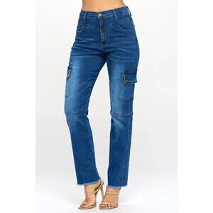 Blue Turtle Extreme Stretch Straight Leg Cargo Jeans Raw Hem Size 9